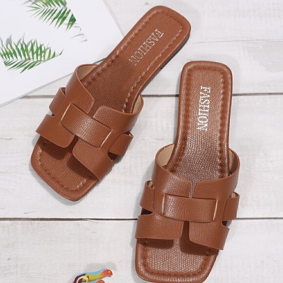 Brown Elegant Women's Snakeskin Embossed Cut Out Slide Sandals - Picture 5 of 7